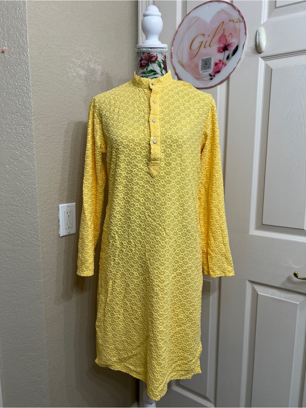 Men's Canary Yellow Chikankari Kurta with sequin detail